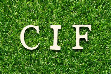 Kelime CIF ile ahşap alfabe harfi (Maliyet, sigorta ve yük kısaltması) yeşil çimen arka planda