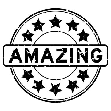 Beyaz arka planda yıldız simgesi yuvarlak lastik mühür damgalı Grunge siyah inanılmaz kelime