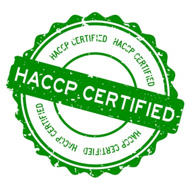 Grunge yeşil HACCP (Tehlike analizi ve kritik kontrol noktaları) Beyaz arka planda sertifikalı lastik mühür mührü