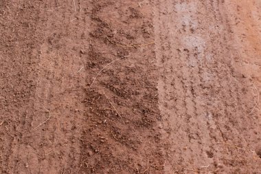 Kahverengi çamurlu zeminde arabanın tekerlek izi var.