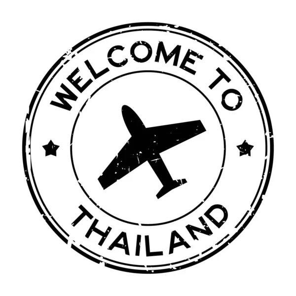 Grunge Svart Välkommen Till Thailand Ord Med Flygplan Ikon Rund — Stock vektor