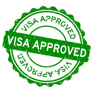 Grunge yeşil vize onaylı kelime yuvarlak lastik mühür beyaz arka plan
