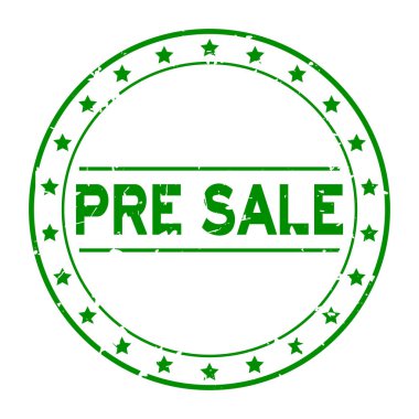 Grunge yeşil satış öncesi kelime yıldız simgesi yuvarlak lastik mühür beyaz arka planda