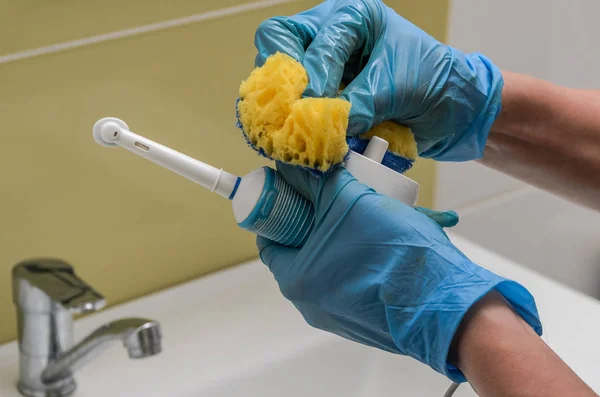 Woman Gloves Washes Disinfects Electric Toothbrush Rag Household Chemicals — Stock Photo, Image