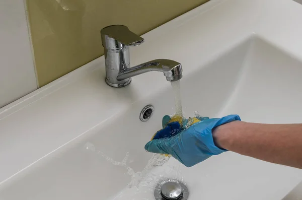 Woman Gloves Washes Plumber Tap Rag Bathroom Household Chemicals — Stock Photo, Image