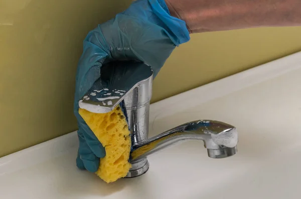 Woman Gloves Washes Plumber Tap Rag Bathroom Household Chemicals — Stock Photo, Image