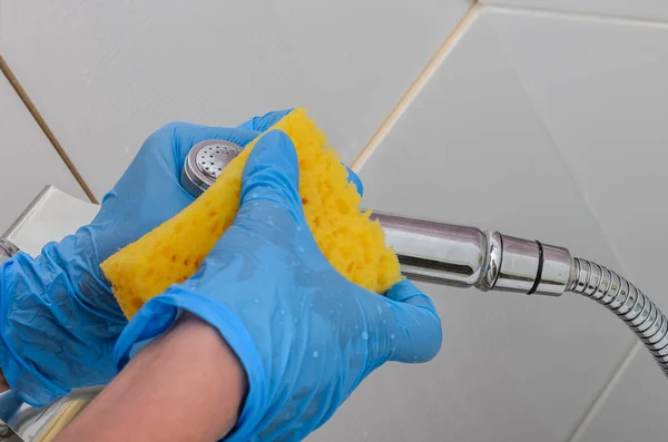 Woman Gloves Washes Plumber Tap Rag Bathroom Household Chemicals — Stock Photo, Image