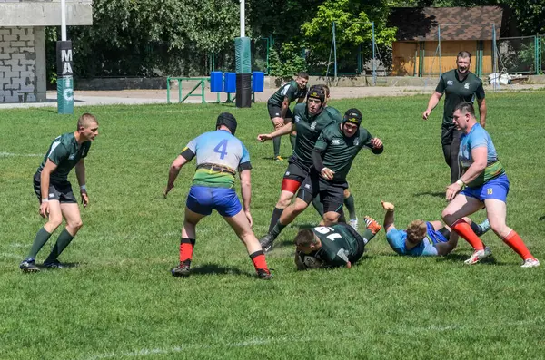 Lviv Ucrania Mayo 2018 Los Atletas Juegan Rugby Con Una — Foto de Stock