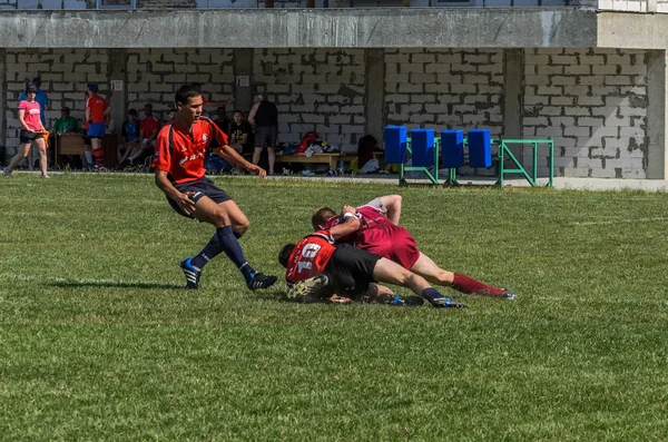 Lviv Ucrania Junio 2018 Los Atletas Juegan Rugby Con Una — Foto de Stock