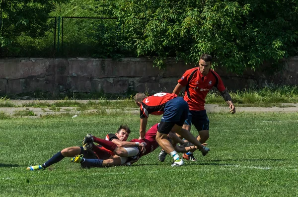 Lviv Ucrania Junio 2018 Los Atletas Juegan Rugby Con Una — Foto de Stock