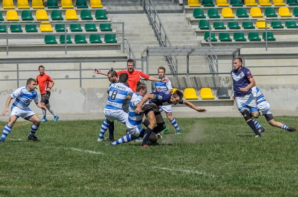 Lviv Ucrania Junio 2018 Los Atletas Juegan Rugby Con Una — Foto de Stock