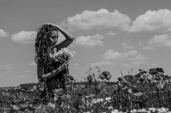 年轻迷人的黑发女孩在一个明亮的阳光明媚的夏日 在一个充满罂粟花和雏菊的田野上 — 图库照片