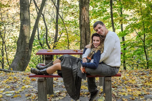 Couple Amoureux Assis Sur Banc Dans Parc Automne Parmi Les — Photo