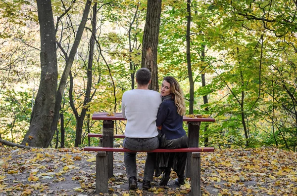 Couple Amoureux Assis Sur Banc Dans Parc Automne Parmi Les — Photo