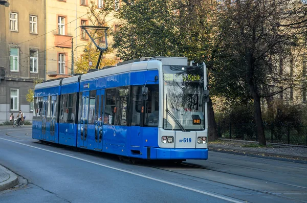 Poland Krakow November 2018 Blue Tram Rides Streets Krakow Poland — Stock Photo, Image