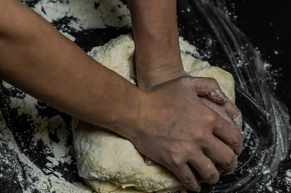 Cook Kneads Dough Flour — Stock Photo, Image