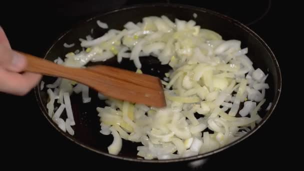 Cook Frietjes Uien Een Pan — Stockvideo