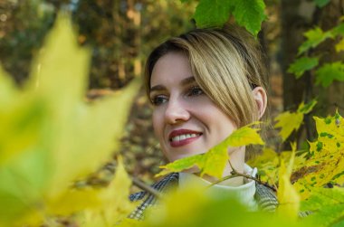 Sonbahar parkında, sarı akçaağaç yapraklarının arasında güneşli bir sonbahar gününde genç ve çekici bir kız.