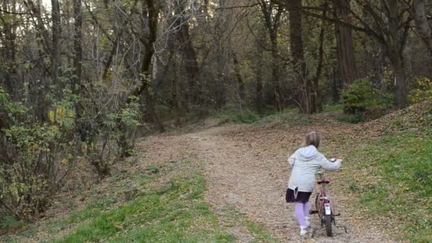 Κοριτσάκι Παιδί Παίρνει Ένα Ποδήλατο Ανηφόρα Στο Πάρκο Φθινόπωρο — Αρχείο Βίντεο
