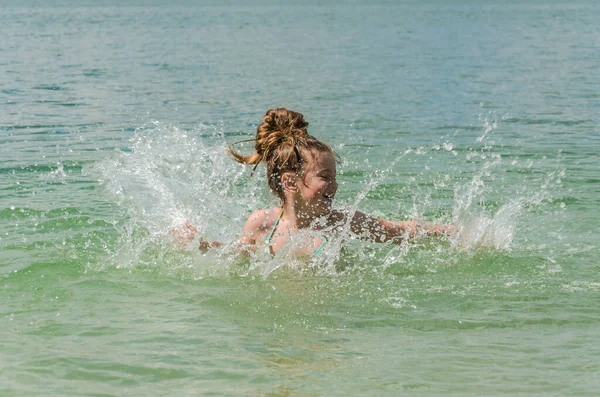 Little Charming Girl Child Bathes Lake Plays Splashing Water — Stock Photo, Image