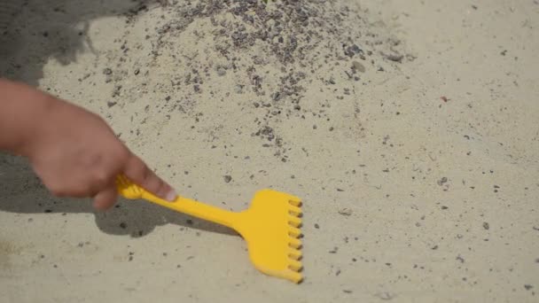 Little Child Plays Sand Sandbox — Stock Video