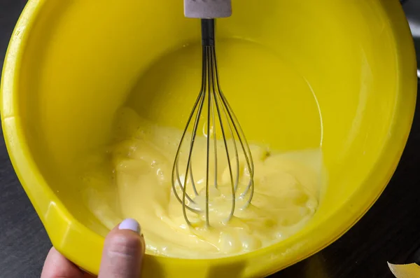 Chef Whisk Whips Pancake Dough Yellow Plastic Bowl — Stock Photo, Image