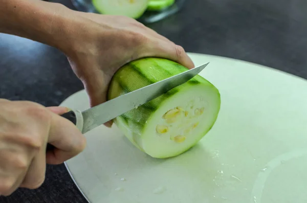 Cook Cuts Large Zucchini Cutting Board Knife Slices — Stock Photo, Image