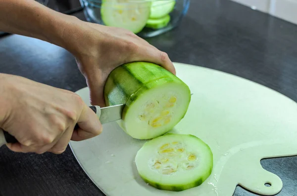 Cook Cuts Large Zucchini Cutting Board Knife Slices — Stock Photo, Image