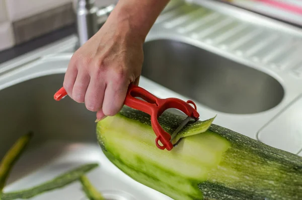 Cook Peels Large Zucchini Knife Peel Stock Picture