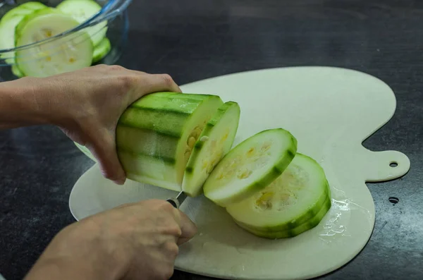 Cook Cuts Large Zucchini Cutting Board Knife Slices — Stock Photo, Image