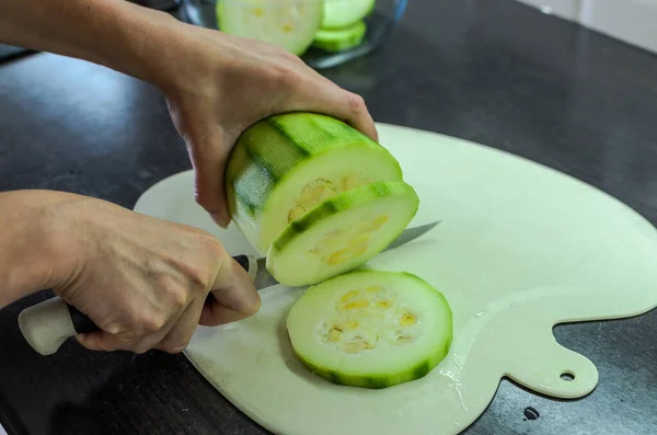 Cook Cuts Large Zucchini Cutting Board Knife Slices — Stock Photo, Image