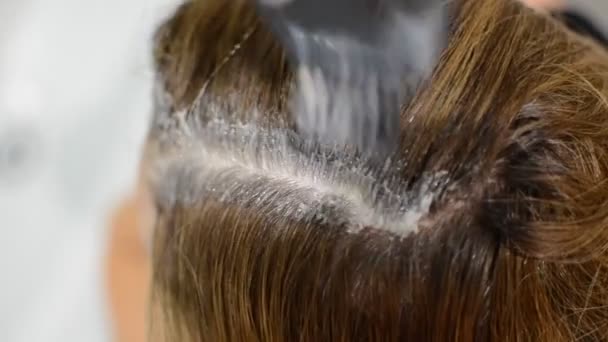 Donna Parrucchiere Dipinge Propri Capelli Con Una Spazzola Con Tintura — Video Stock