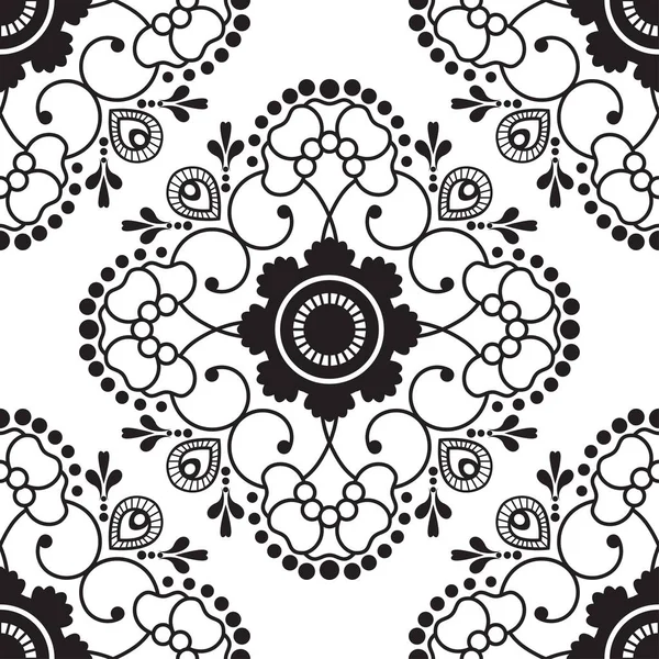 Nahtloses Muster mit schwarz-weißer Mehndi-Spitze der Blume Buta Dekorationsgegenstände auf weißem Hintergrund. — Stockvektor