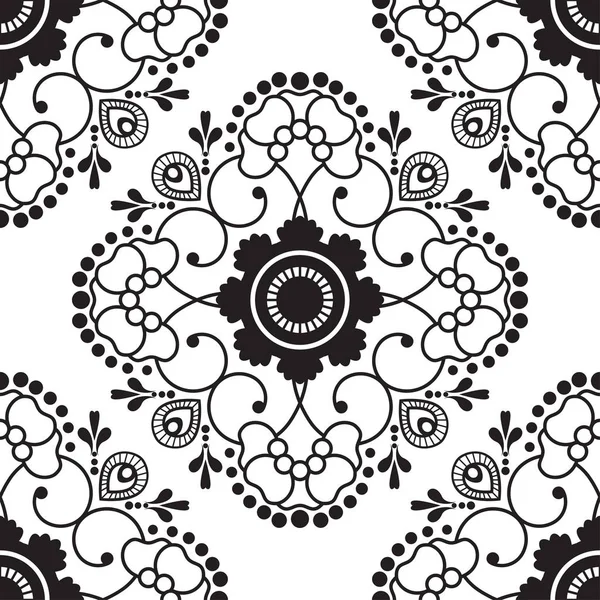 Modello senza cuciture con pizzo mehndi bianco e nero di fiore buta elementi decorativi su sfondo bianco . — Vettoriale Stock