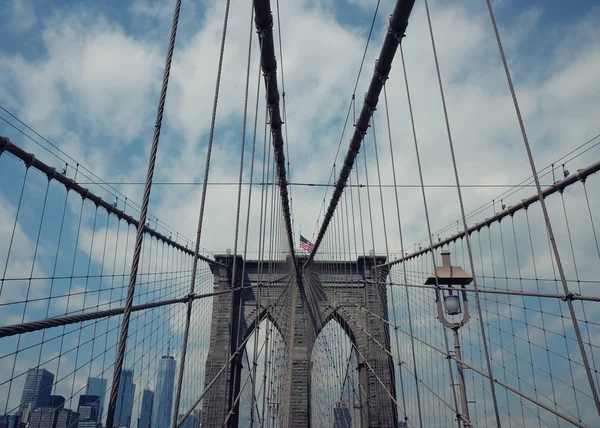 Brooklyn Brug Met New York City Skyline Voorjaar Van Het — Stockfoto