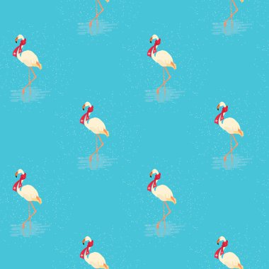 Mavi zemin üzerine beyaz flamingo sorunsuz kış desen