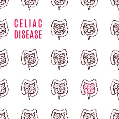 Çölyak hastalığı bilinci poster. Tıbbi desen sağlıklı bağırsak ve bir hastalık tarafından etkilenen. İnsan vücudu organı yolluk bozukluğu gluten duyarlılığı nedeniyle. Vektör çizim. 