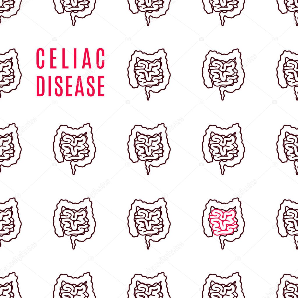 Celiac disease awareness poster. Medical pattern of healthy intestines and one affected by the illness. Human body organ sprue disorder caused by sensitivity to gluten. Vector illustration. 