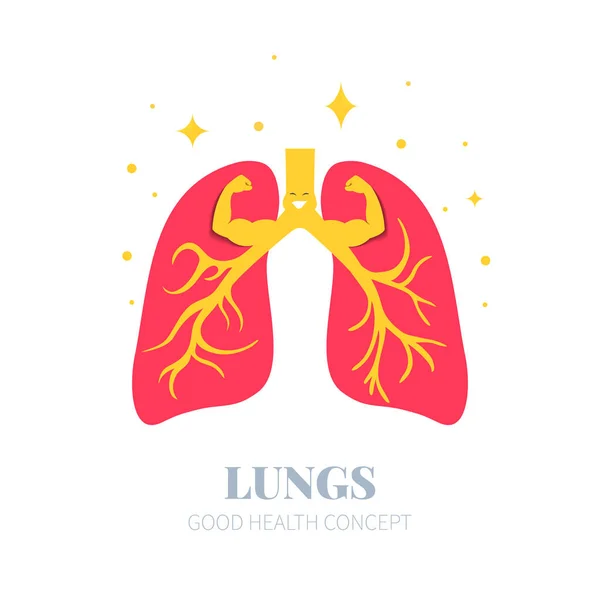 Lindo personaje de dibujos animados pulmones demostrando fuerza y salud — Vector de stock