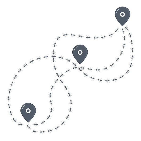 Bannière d'itinéraire de chemin de colonie de fourmis avec épingles de localisation — Image vectorielle