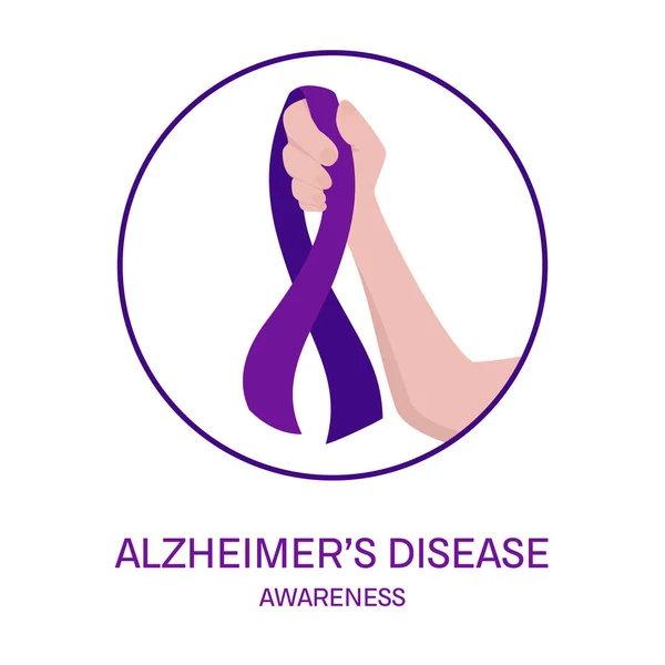 Affisch För Medvetenhet Alzheimers Sjukdom Lila Rosett Hand Vit Bakgrund — Stock vektor