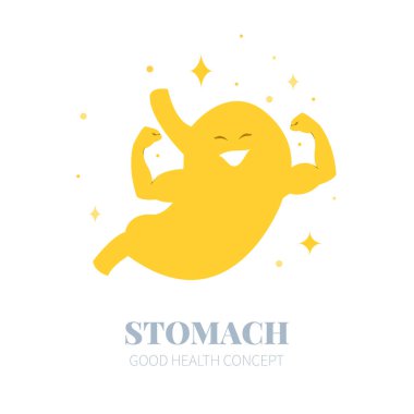 Güçlü, sağlıklı mide çizgi film karakteri kaslarını kasıyor 