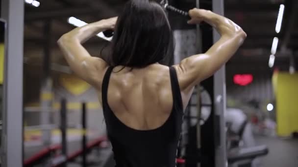 Athletic girl performs a breeding exercise for the back delta — Stock Footage Athletic Girl Performs Breeding Exercise Back Delta Royalty Free Stock Footage