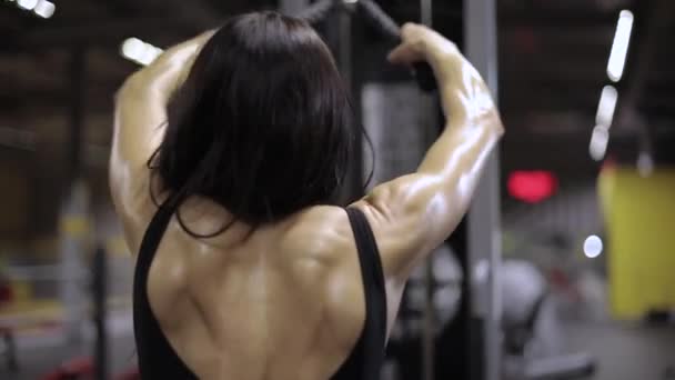 Athletic girl performs a breeding exercise for the back delta — Stock Footage Athletic Girl Performs Breeding Exercise Back Delta Royalty Free Stock Video
