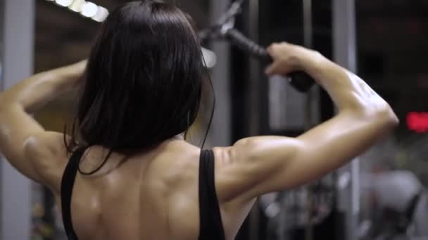 Athletic girl performs a breeding exercise for the back delta — Stock Footage Athletic Girl Performs Breeding Exercise Back Delta Stock Footage