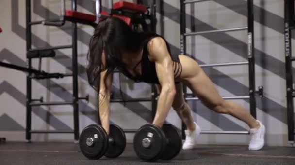 Athletic Girl Performs Strength Push Ups Floor Dumbbells — Stock Video