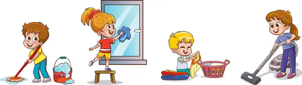 Vector Illustratie Van Een Stel Kinderen Die Schoonmaken Huishoudelijk Werk — Stockvector