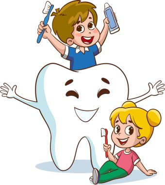 Çizgi film Karakteri ile Diş Fırçalama Vektörü