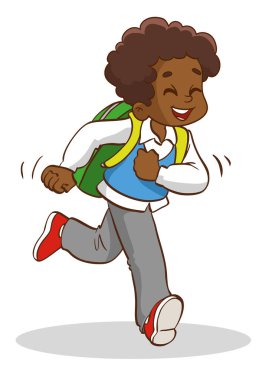 Sırt çantasıyla koşan Afrikalı Amerikalı çocuk..