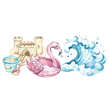 Parlak renkler pembe flamingolu, kumdan kaleli ve köpüklü dalgalı neşeli bir atmosfer sergiliyor. Yaz maceraları, sahil gezileri ve güneş altında bitmek bilmeyen aile eğlenceleri için ideal..